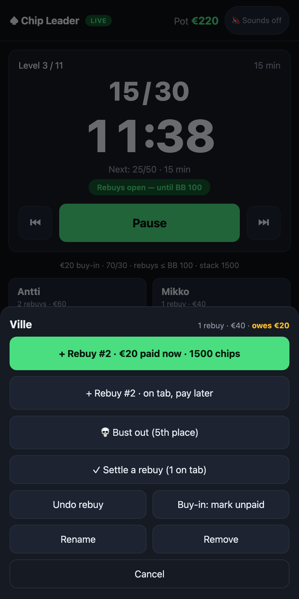 Player action sheet: rebuy paid now or on tab, bust out