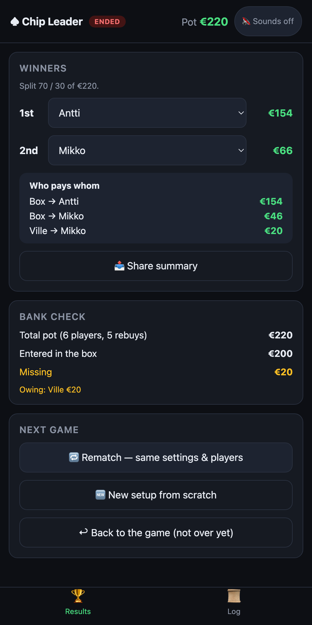 Results screen: winners, payouts and who pays whom